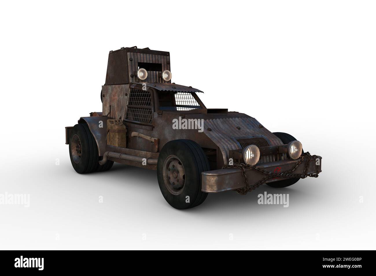 Post apocalyptic concept car covered with rusty corrugated iron protection. 3D illustration isolated on a white background. Stock Photo