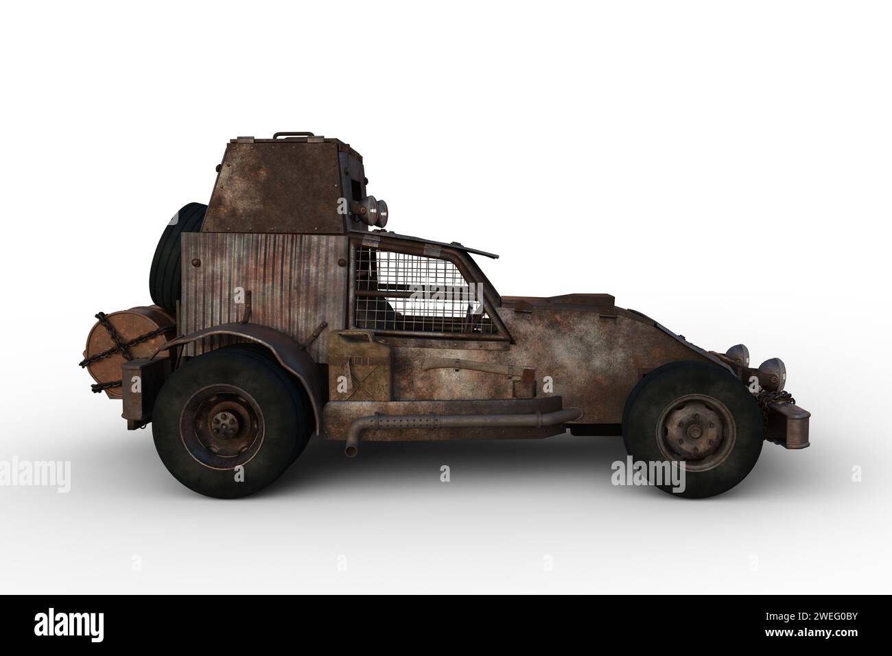 Post apocalyptic concept car covered with rusty corrugated iron protection. Side view 3D illustration isolated on a white background. Stock Photo