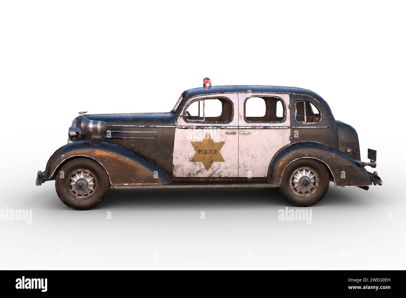 Side view of a rusty dirty old vintage black and white police car. 3D illustration isolated on a white background. Stock Photo