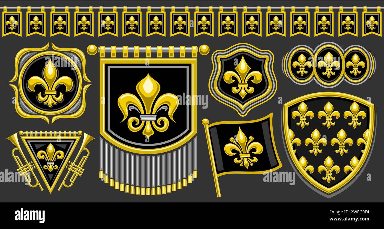 Vector Fleur de Lis set, horizontal banner with collection of isolated illustrations of various black and yellow fleur de lis flourishes, seamless bun Stock Vector
