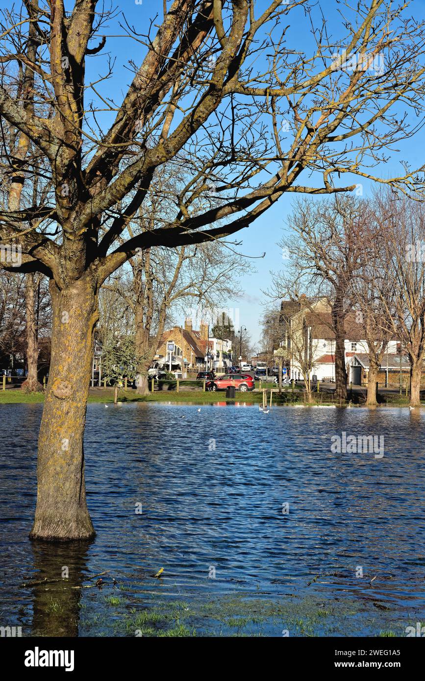 A Flooded Manor Park Caused By Winter Storms In Shepperton On A Sunny Winters Day Surrey England