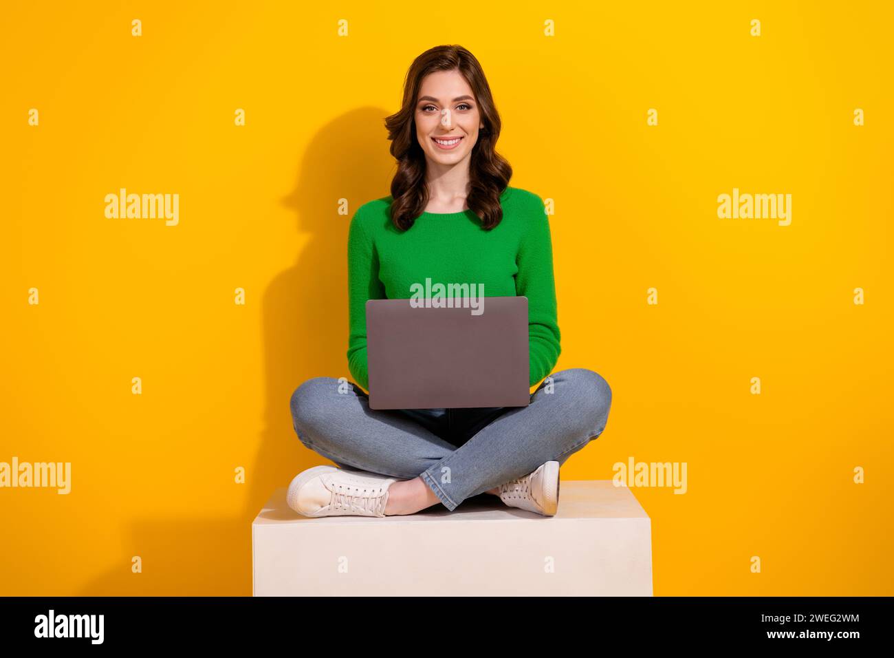 Full body length photo of positive programming teacher woman sitting ...