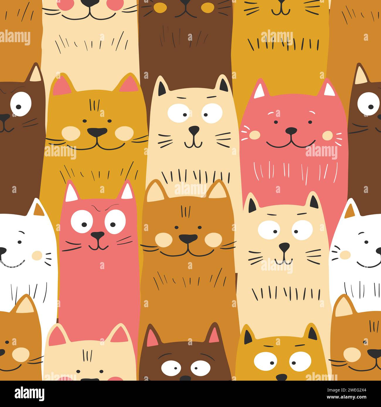 Seamless pattern with cute kitten print. Different scandy cats on color ...