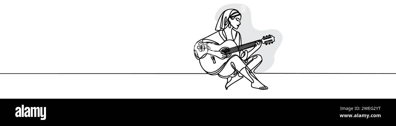 girl with guitar one continuous line drawing Stock Vector Image