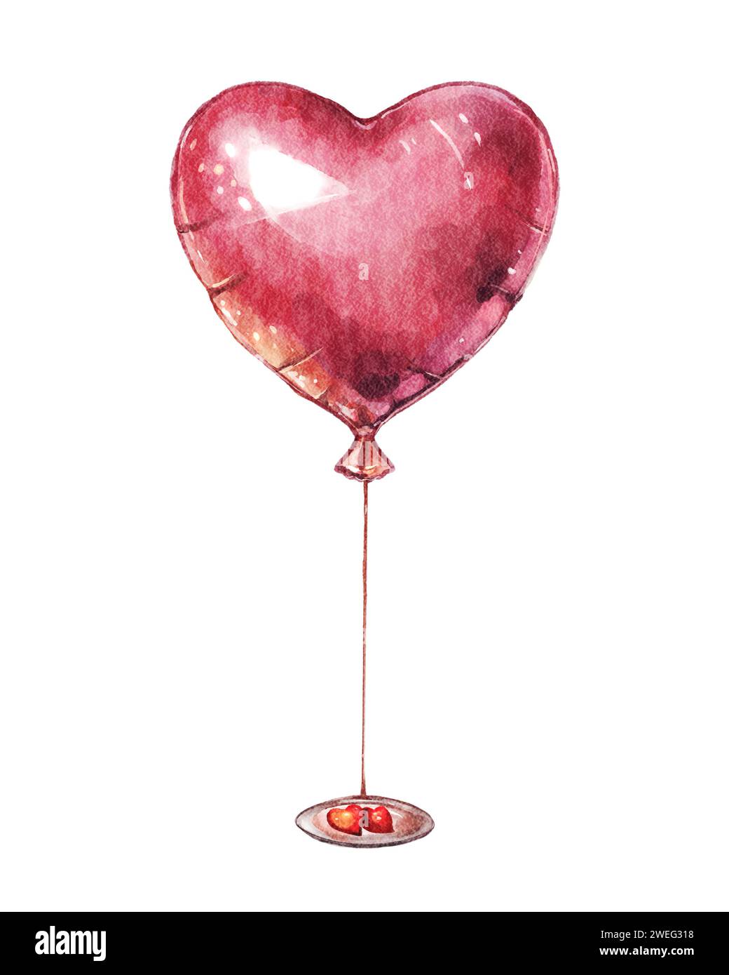 Red heart shaped balloon . Valentines day object . Watercolor painting ...