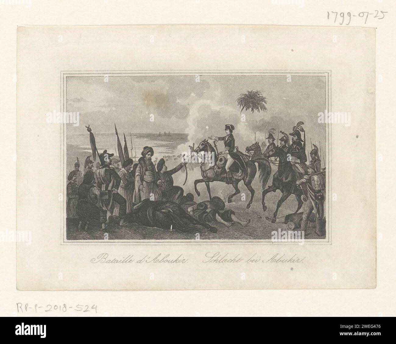 Battle of Aboekir, 1799, Anonymous, 1821 - 1899 print French victory under Napoleon in the Battle of Aboekir (Abu Qir), July 25, 1799. Under the show De Titels in French and German. Part of a group of twelve illustrations.  paper steel engraving battle, fighting in general (+ land forces) Abu Qorch Stock Photo