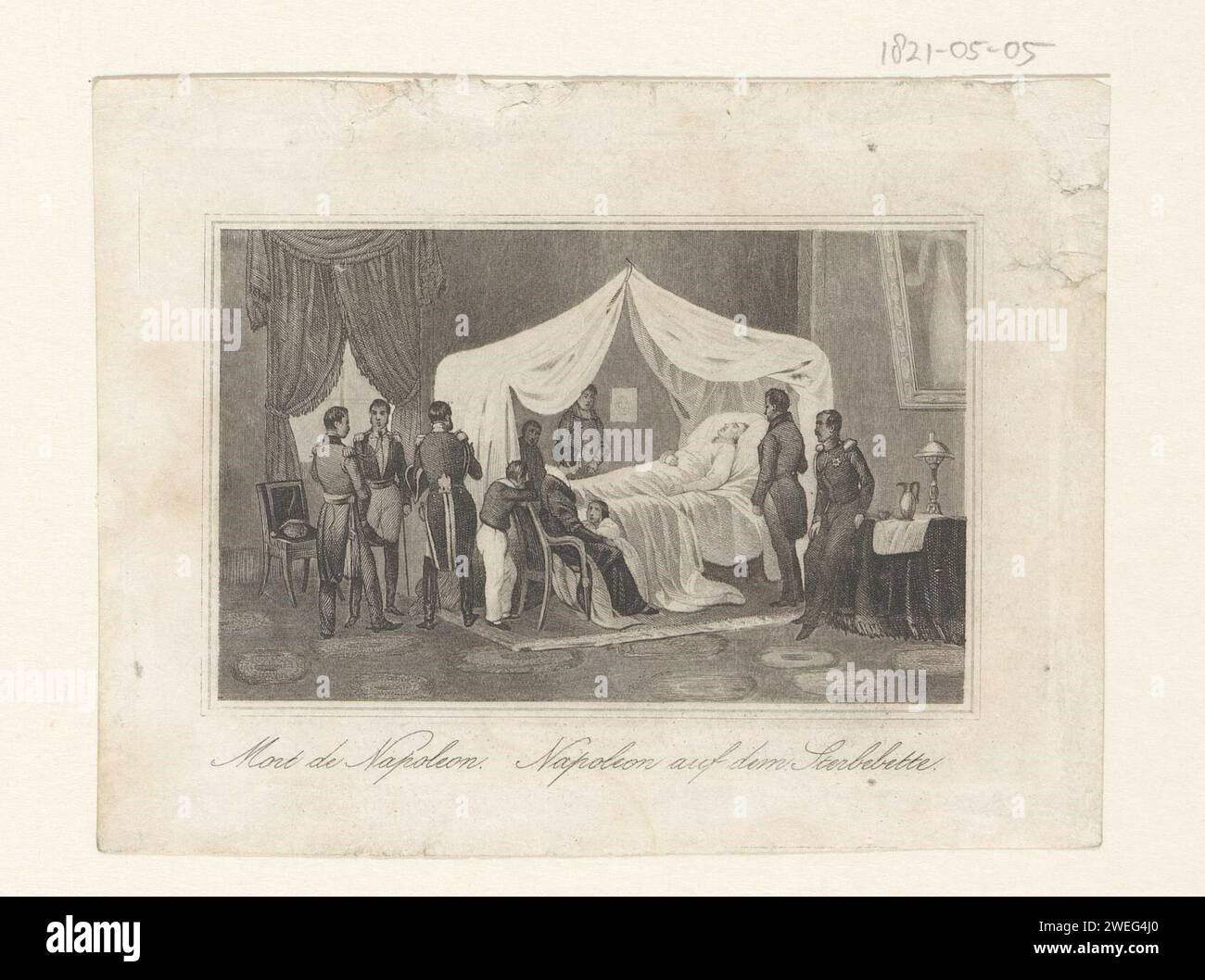 Napoleon deathbed, 1821, Anonymous, 1821 - 1899 print Napoleon on his deathbed, May 5, 1821. Under the show De Titels in French and German. Part of a group of twelve illustrations.  paper steel engraving deathbed Stock Photo