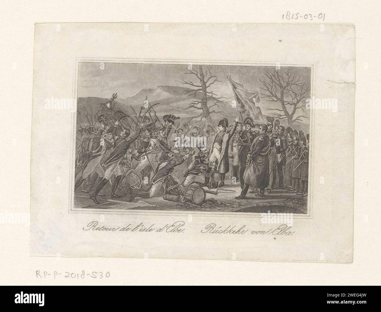 Napoleon returns from Elba, 1815, Anonymous, 1821 - 1899 print Return of Napoleon from Elba in France, March 1, 1815. Under the show De Titels in French and German. Part of a group of twelve illustrations.  paper steel engraving arrival and return  travelling Stock Photo