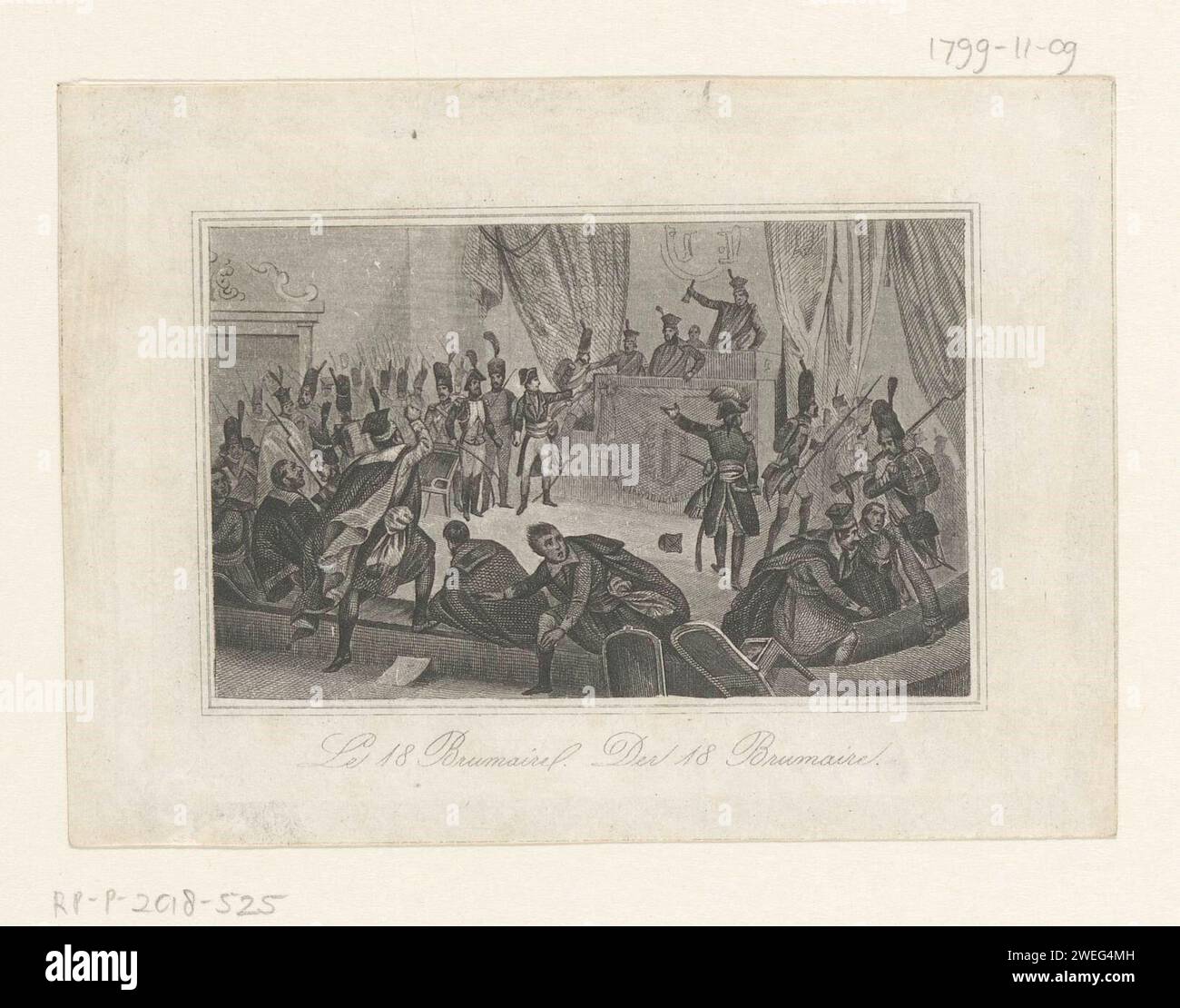 Coup of 18 Brumire, 1799, Anonymous, 1821 - 1899 print Coup of 18 Brumaire in which Napoleon seizes power in revolutionary France, November 9, 1799. Under the performance De Titels in French and German. Part of a group of twelve illustrations.  paper steel engraving proclamation of new government Paris Stock Photo
