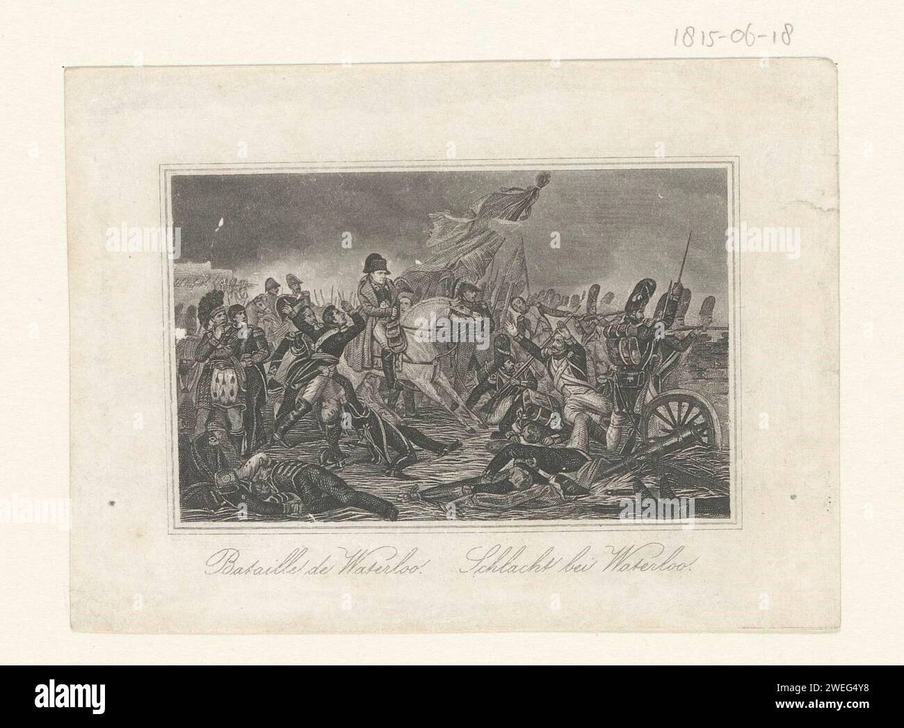 Battle of Waterloo, 1815, Anonymous, 1821 - 1899 print Napoleon defeated in the Battle of Waterloo, June 18, 1815. Under the show De Titels in French and German. Part of a group of twelve illustrations.  paper steel engraving battle (+ land forces) Stock Photo