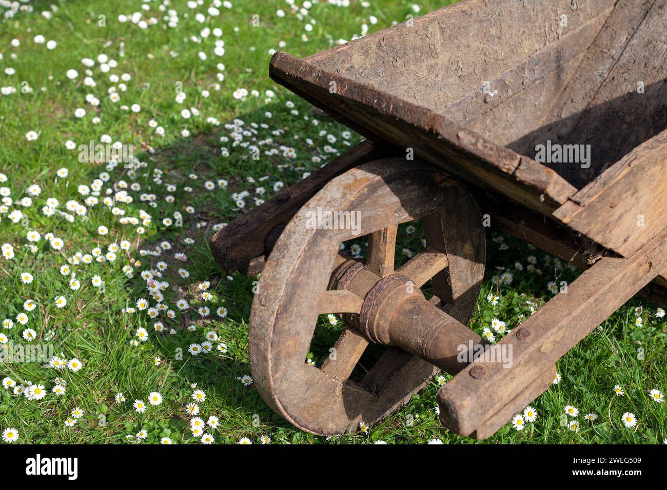 Very old wooden wheelbarrow close up Stock Photo