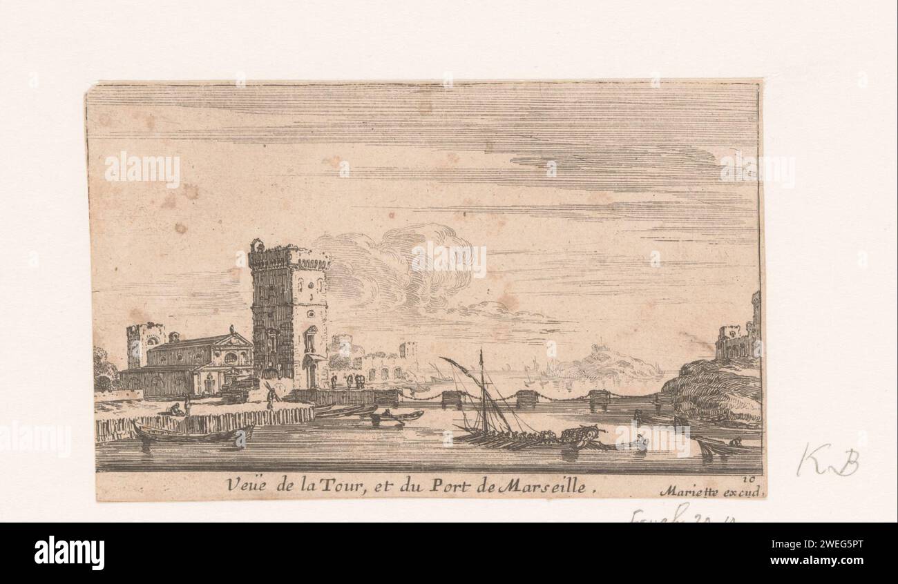 View of the tower and the port of Marseille, Israel Silvestre, 1643 - 1657 print Numbered in the bottom right: 10.  paper etching harbour. city-view, and landscape with man-made constructions Marseille Stock Photo