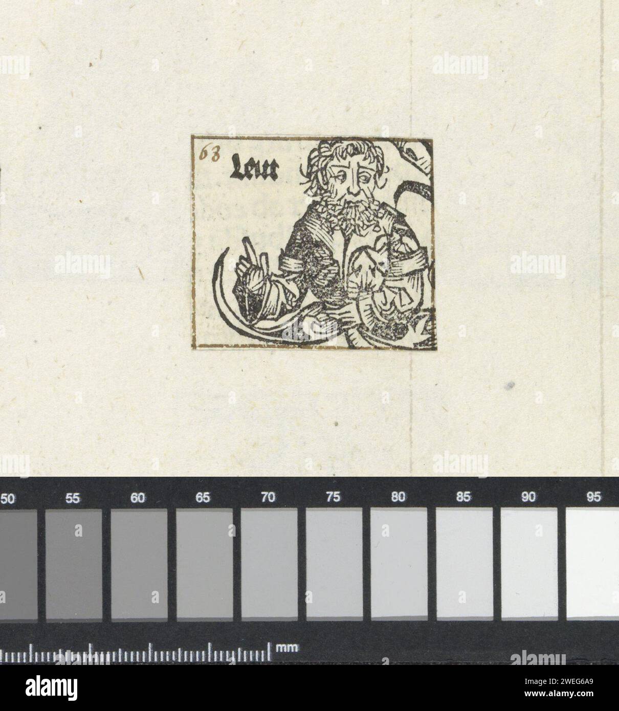 Levi, Michel Wolgemut (workshop of), 1493 print A flower chalice with a man, looking to the right and with a finger raised. The text identifies him as Levi, the third son of Jakob and Lea. The performance is a fragment of the family tree of Christ in the Liber Chronicarum. The print is part of an album.  paper letterpress printing persons from the Old Testament (not in biblical context, nor occurring in legendary/historical extensions included in Division 71) Stock Photo