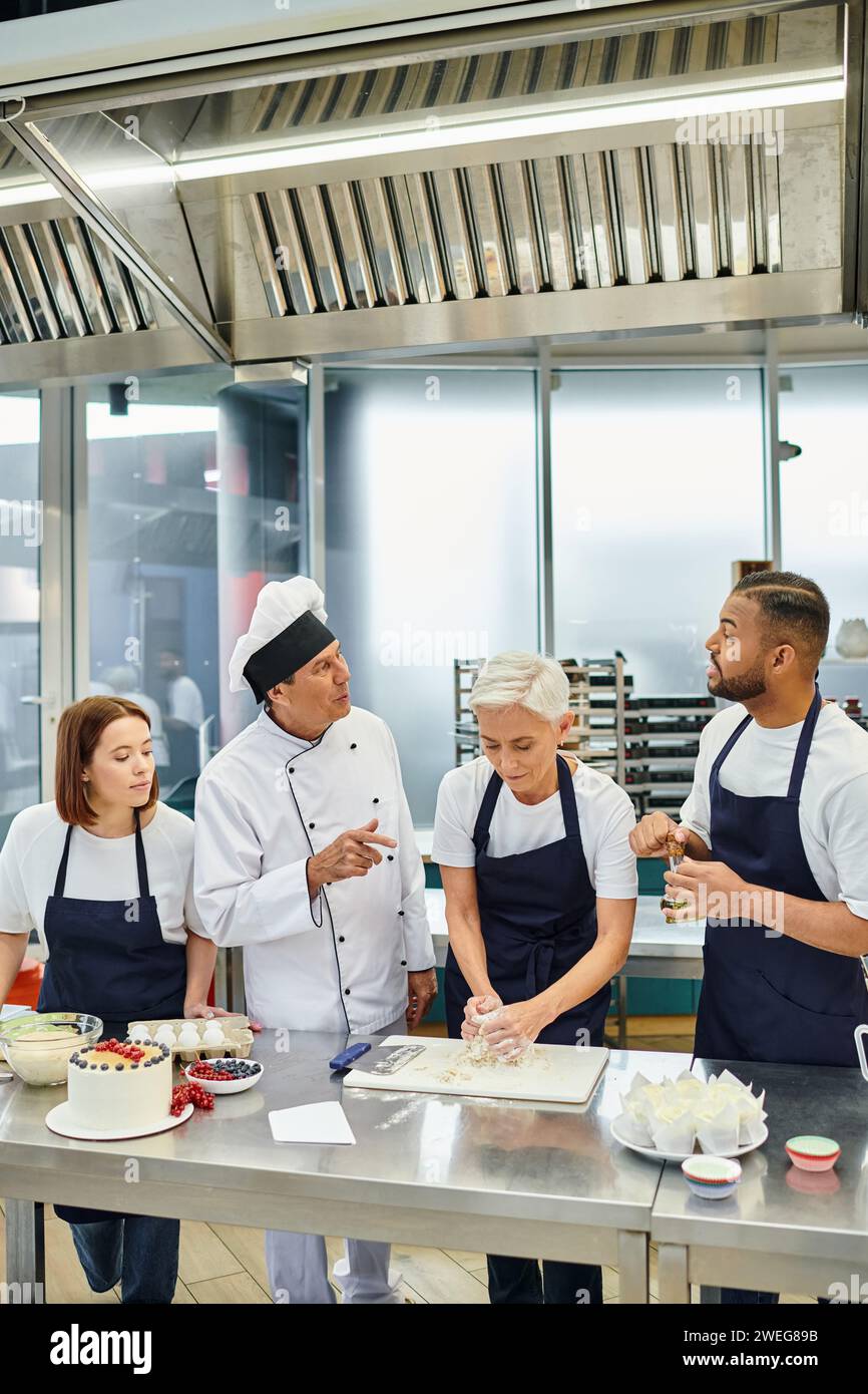 good looking jolly diverse confectioners in aprons baking delicious cakes with chef in white hat Stock Photo