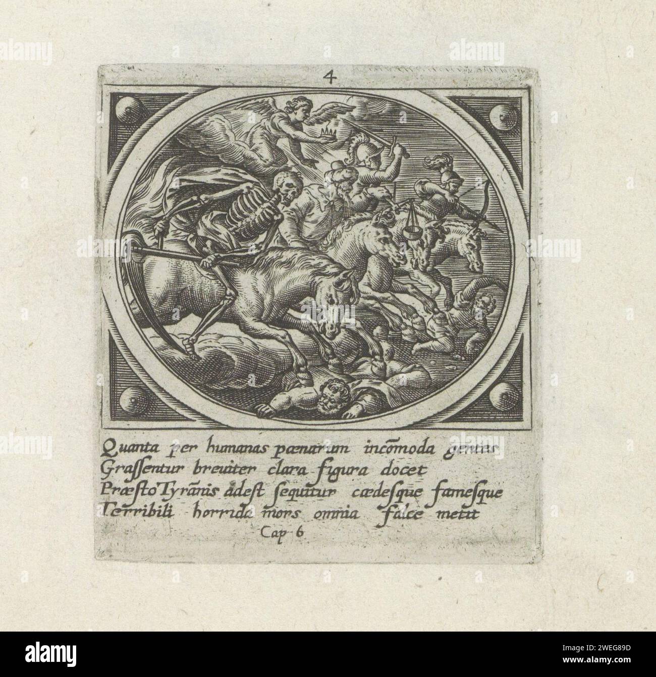 The four Apocalyptic riders, 1585 print Opening the first four stamps: the four Apocalyptic riders, 'Victorie', 'War', 'Hunger' and 'Death' trample humanity. Above them an angel, with a crown. Under the show a reference in Latin to the Bible text in op. 6. This print is part of an album.  paper engraving the four horsemen of the Apocalypse Stock Photo