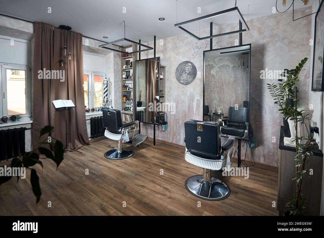 Barber shop or barbershop vintage design hair man salon empty with two