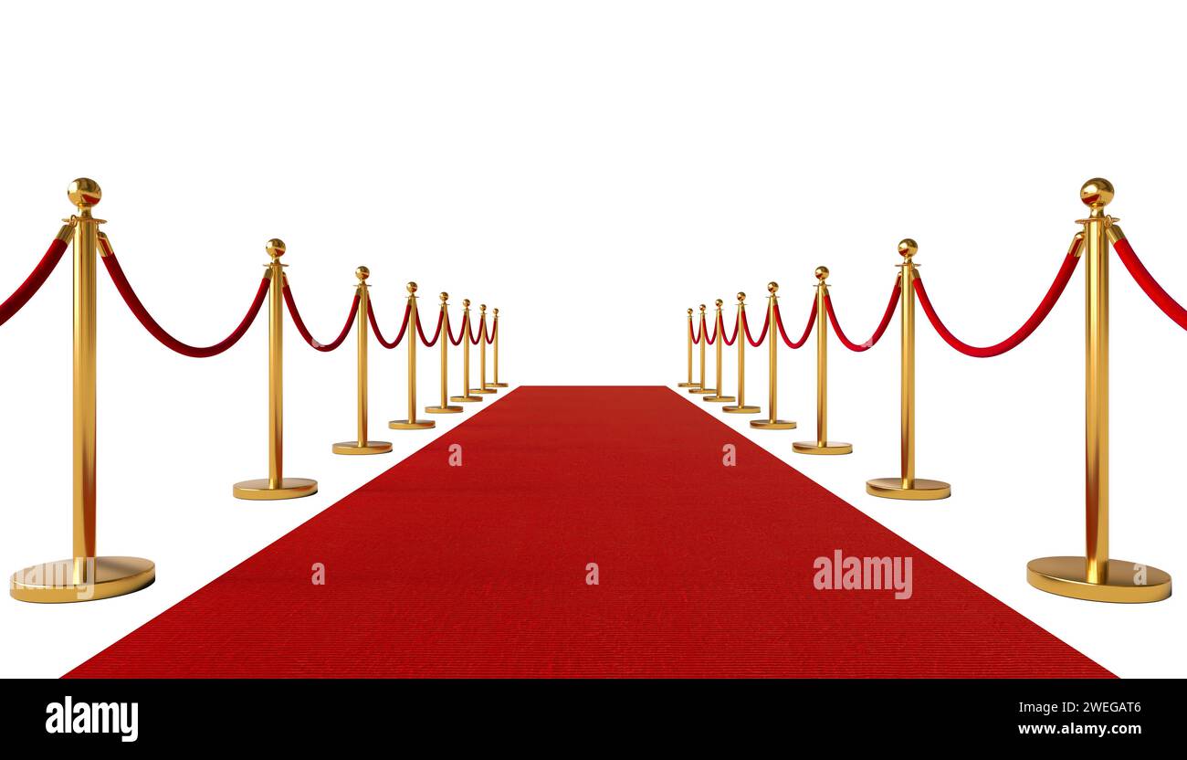 red carpet and gold barriers isolated on white. 3d render Stock Photo