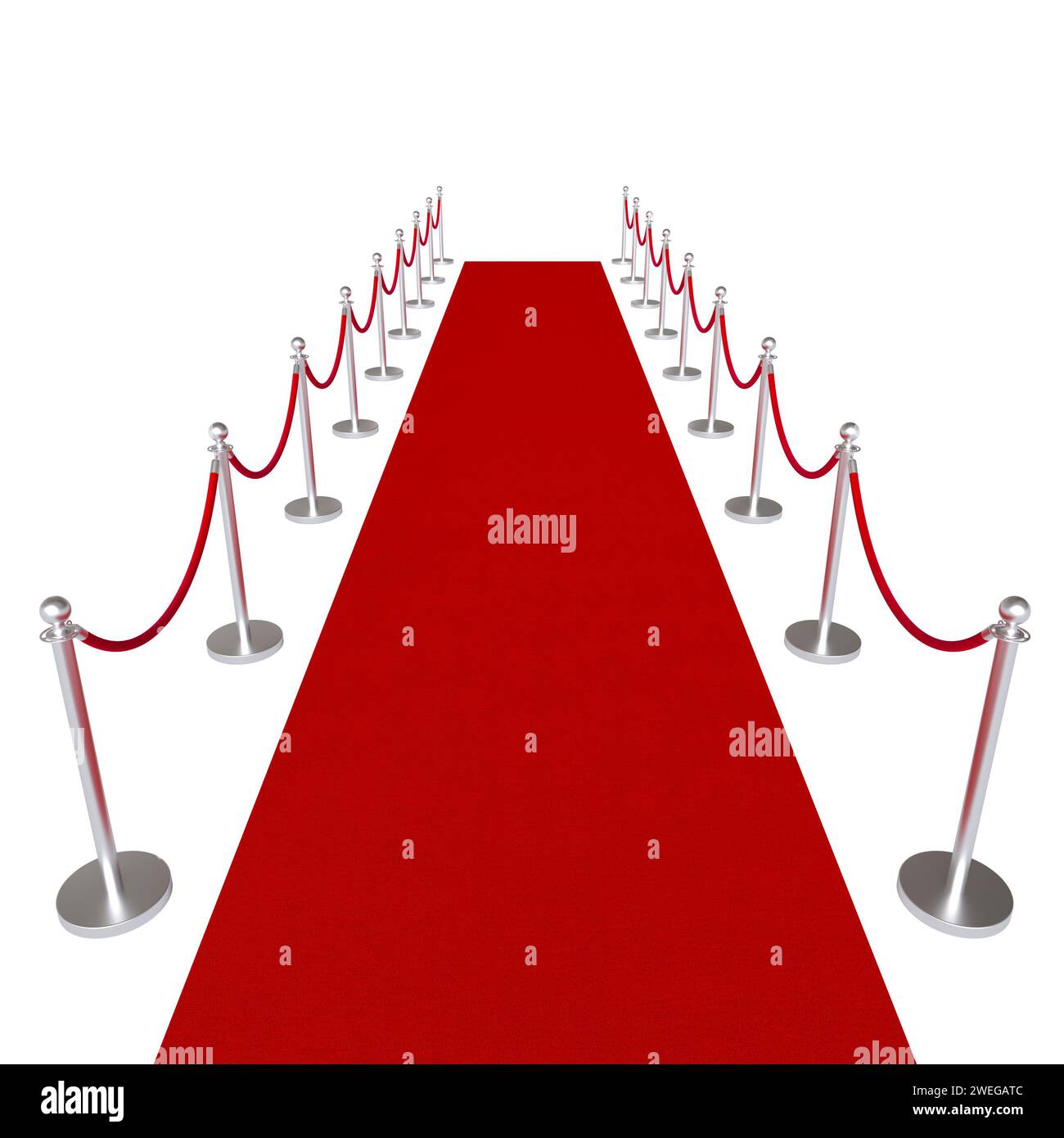 red carpet and metal barriers isolated on white. 3d render Stock Photo