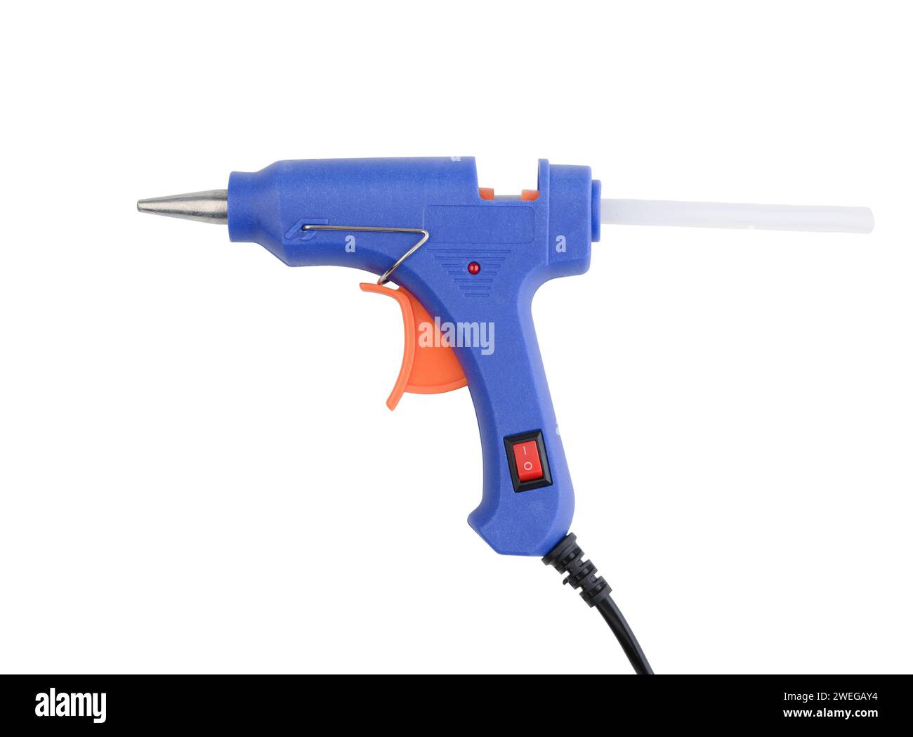 New blue plastic glue gun isolated on white. Stock Photo