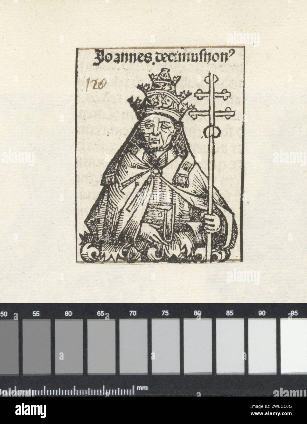 Pause Johannes XVIII of XIX, Michel Wolldel (Workshop), 1493 print A flower challenge with a pope. He is wearing a tiara and has a Bible and a staff with a double cross in his hands. The performance is part of the succession popes in the Liber Chronicarum. The man identifies the man as John Xix, but according to the series, John XVIII is intended. The print is part of an album.  paper letterpress printing pope Stock Photo
