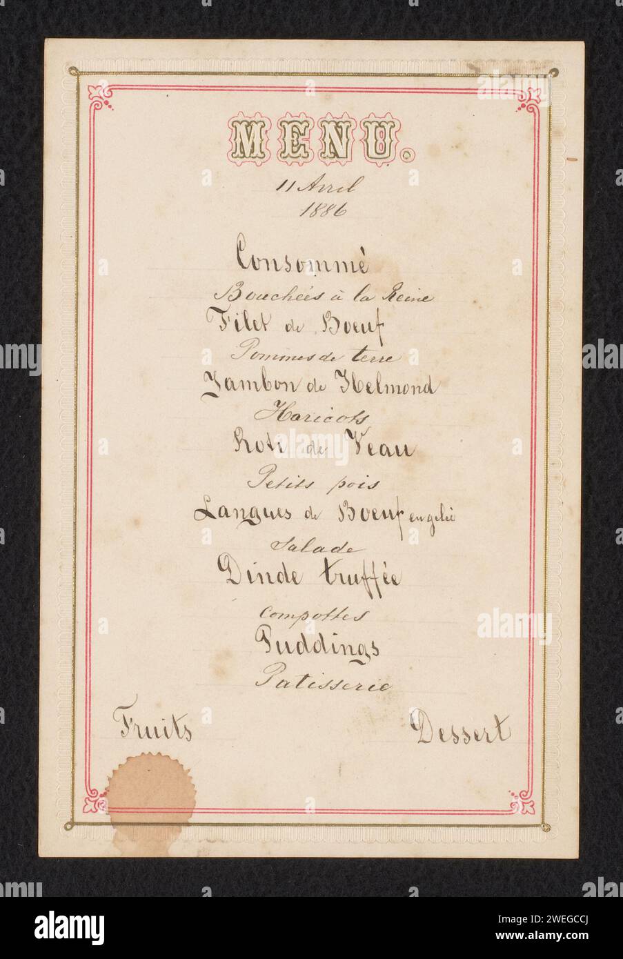 Menu for a dinner on April 11, 1886, Anonymous, Before 1886 text sheet ...