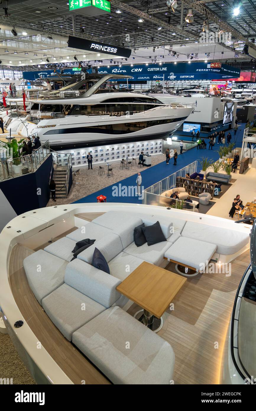 Large yachts, luxury yachts, in Hall 6 of BOOT 2024, the world's largest yacht and water sports trade fair in Düsseldorf, NRW, Germany Stock Photo