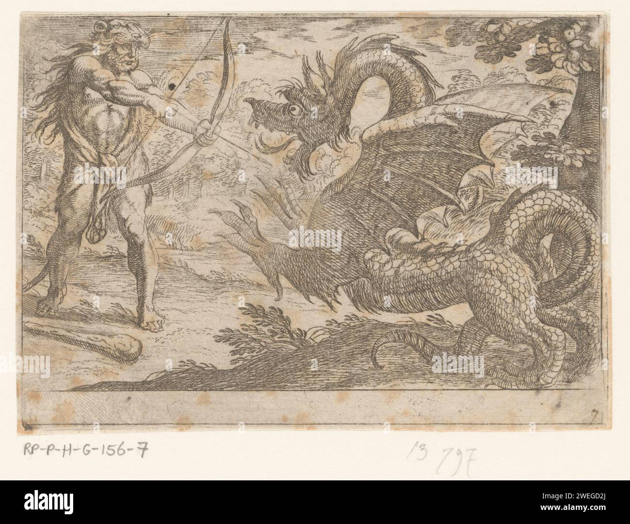 Hercules in Draak Locon, Antonio Tempesta, 1608 print Hercules shoots with his arrow-and-bow on the dragon Ladon that monitors the tree of the Hesperides.  paper etching most important deeds of Hercules: the Twelve Labours. Hercules kills Ladon, the dragon which kept the tree of the Hesperides Stock Photo