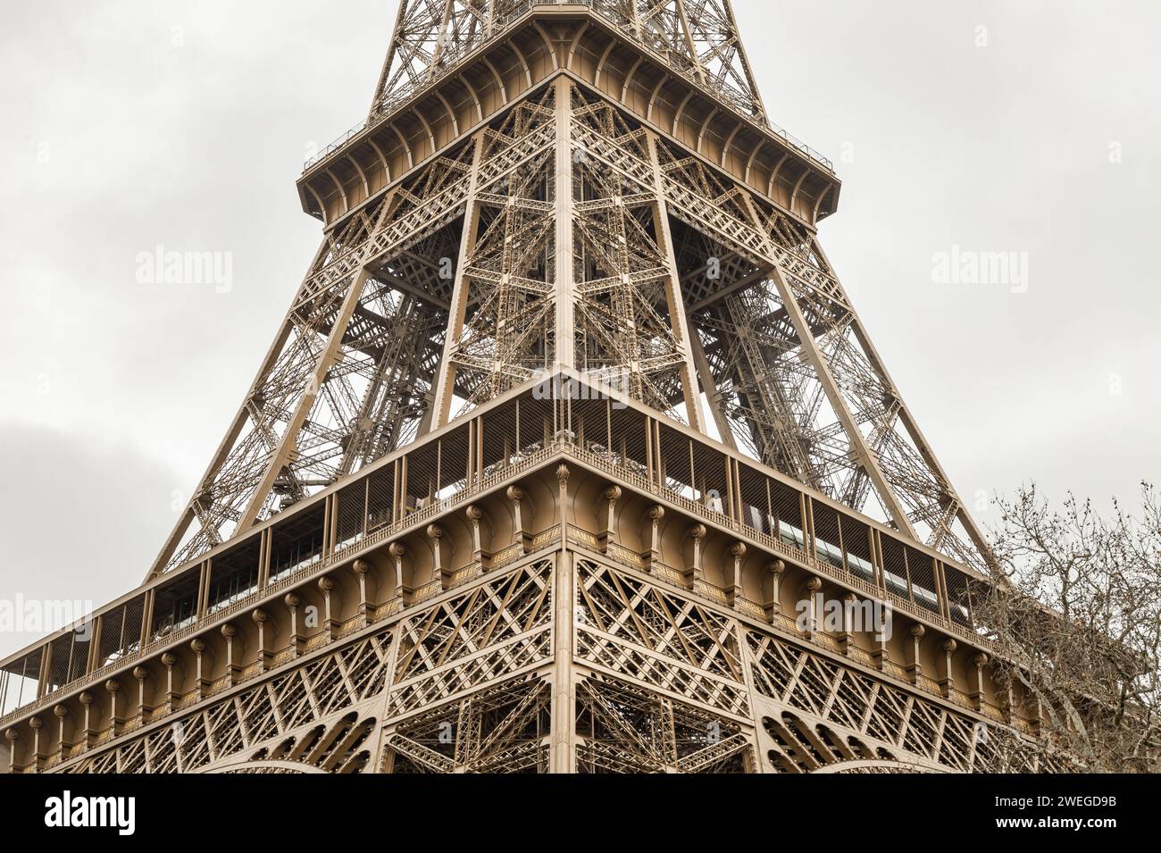 France, Paris - Jan 4, 2024 - Architectural detail design of the famous Eiffel Tower iron structure. Close-up of the framework of the Eiffel Tower in Stock Photo