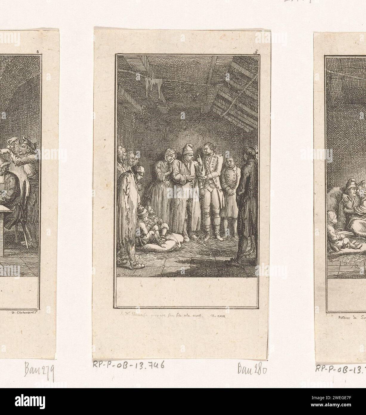 Charles Primrose prepares his son for the death, Daniel Nikolaus Chodowiecki, 1776 print George ended up in jail with his father because he was seriously injured one of the men of Thornhill. His father tries to prepare him for the death penalty that may hang above his head. Numbered at the top right: 9.  paper etching (GOLDSMITH, The Vicar of Wakefield) specific works of literature (with AUTHOR, title). prison, jail Stock Photo