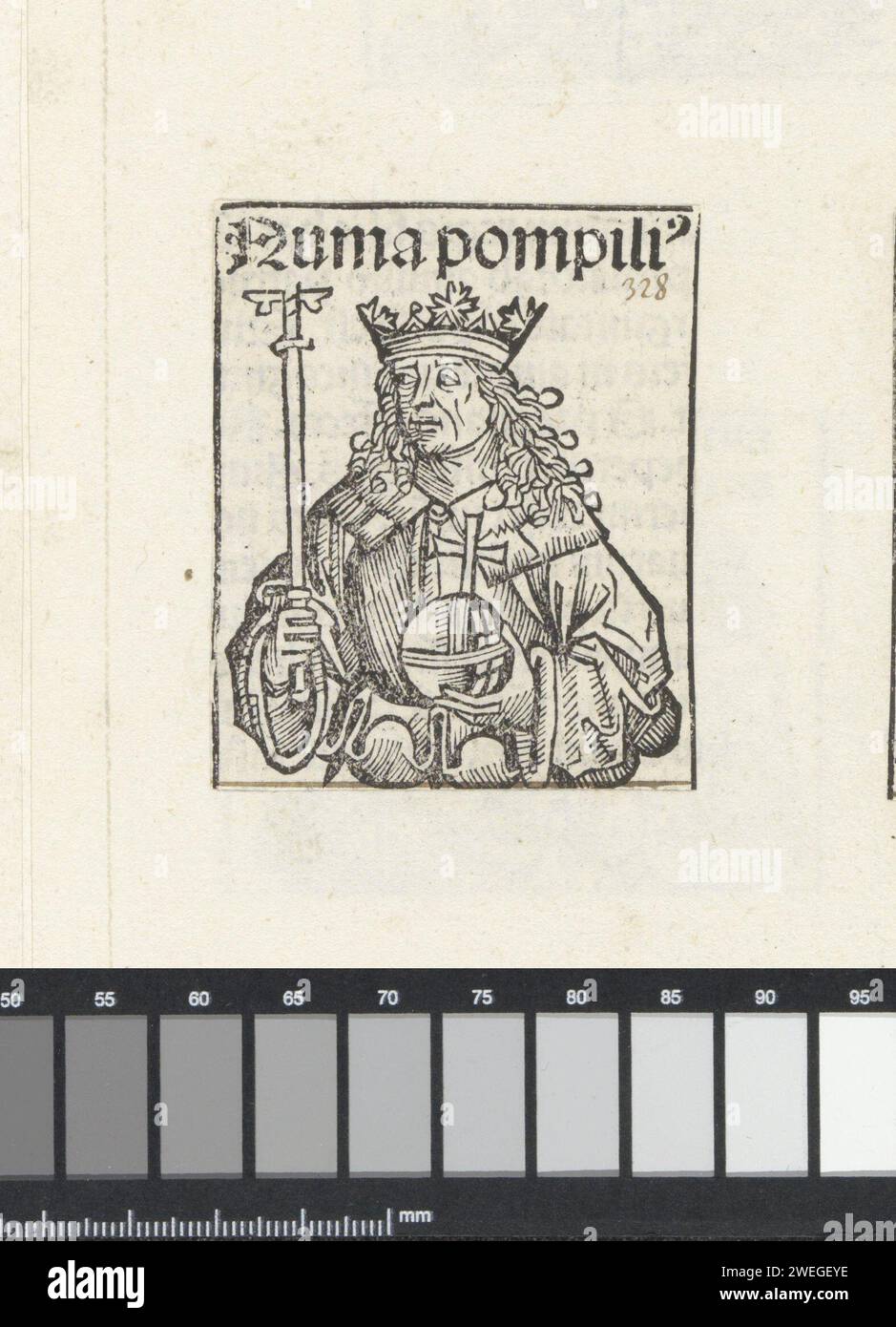 Deding there sulled Alagly, Mihipalels supe, 1493 print A flower chalice with a king, his head turned to the left. He has a scepter and government apple in his hands. The performance is part of the Survival Roman kings in the Liber Chronicarum. The text identifies the man as Numa Pompilius. The print is part of an album.  paper letterpress printing king. (story of) Numa Pompilius Stock Photo