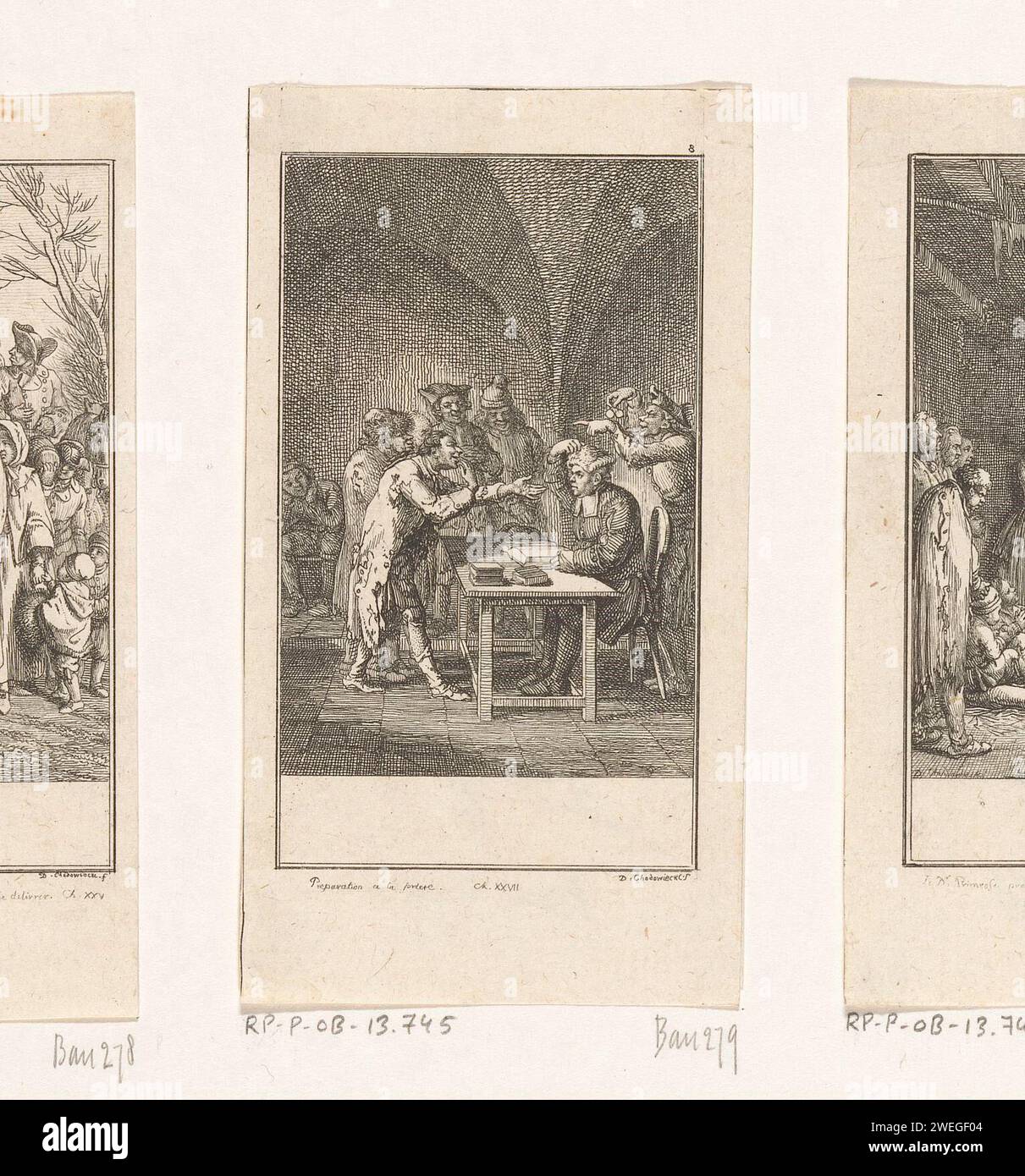 Charles Primrose mocked by his fellow prisoners, Daniel Nikolaus Chodowiecki, 1776 print The prisoners are ridiculing Charles Primrose who tries to encourage them into good behavior. Only after fourteen days does he penetrate them. Numbered at the top right: 8.  paper etching (GOLDSMITH, The Vicar of Wakefield) specific works of literature (with AUTHOR, title). prison, jail. mocking, insulting; teasing Stock Photo