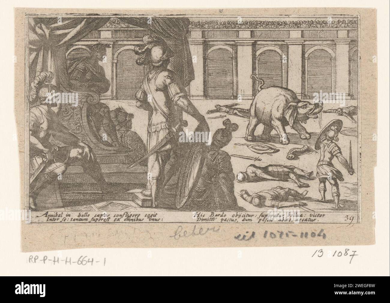 Gladiators fight with an elephant in an arena, Antonio Tempesta, 1605 print Face in an arena where a gladiator fights with an elephant. There are four dead gladiators around the elephant. In the foreground on the left, the Roman emperor is sitting on his throne. Text in Latin in STUDMARGE.  paper etching trunked animals: elephant. fight between man and animal. fight of gladiators Stock Photo