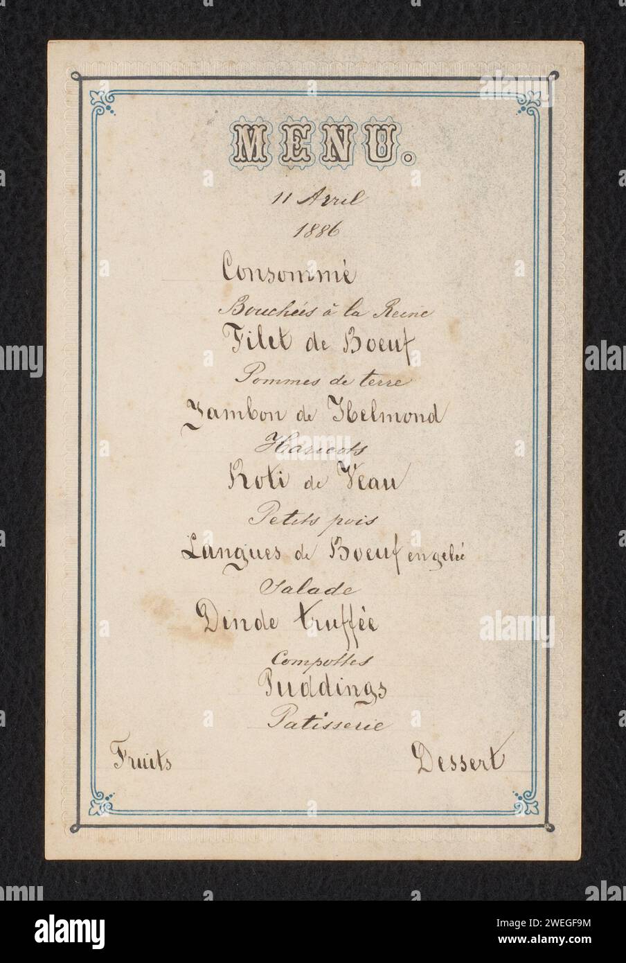 Menu for a dinner on April 11, 1886, Anonymous, Before 1886 text sheet ...
