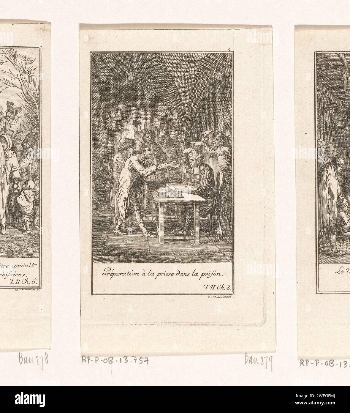 Charles Primrose mocked by his fellow prisoners, Daniel Nikolaus Chodowiecki, 1776 print The prisoners are ridiculing Charles Primrose who tries to encourage them into good behavior. Only after fourteen days does he penetrate them. Numbered at the top right: 8.  paper etching (GOLDSMITH, The Vicar of Wakefield) specific works of literature (with AUTHOR, title). prison, jail. mocking, insulting; teasing Stock Photo