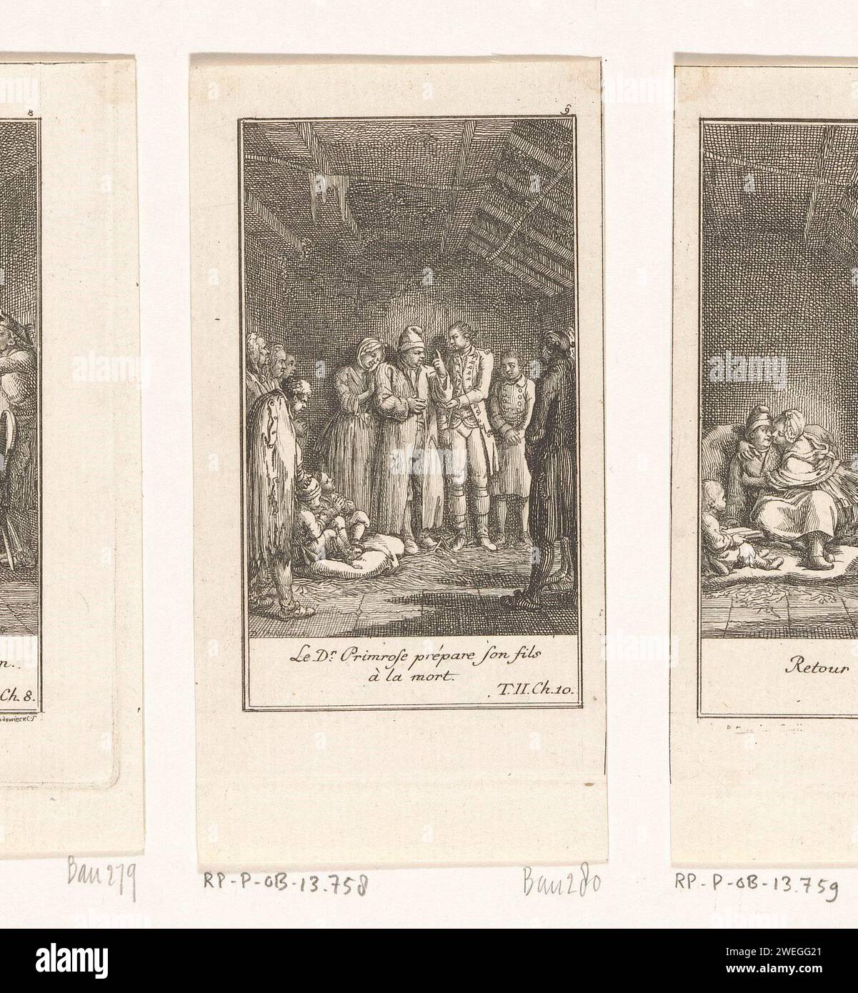 Charles Primrose prepares his son for the death, Daniel Nikolaus Chodowiecki, 1776 print George ended up in jail with his father because he was seriously injured one of the men of Thornhill. His father tries to prepare him for the death penalty that may hang above his head. Numbered at the top right: 9.  paper etching (GOLDSMITH, The Vicar of Wakefield) specific works of literature (with AUTHOR, title). prison, jail Stock Photo