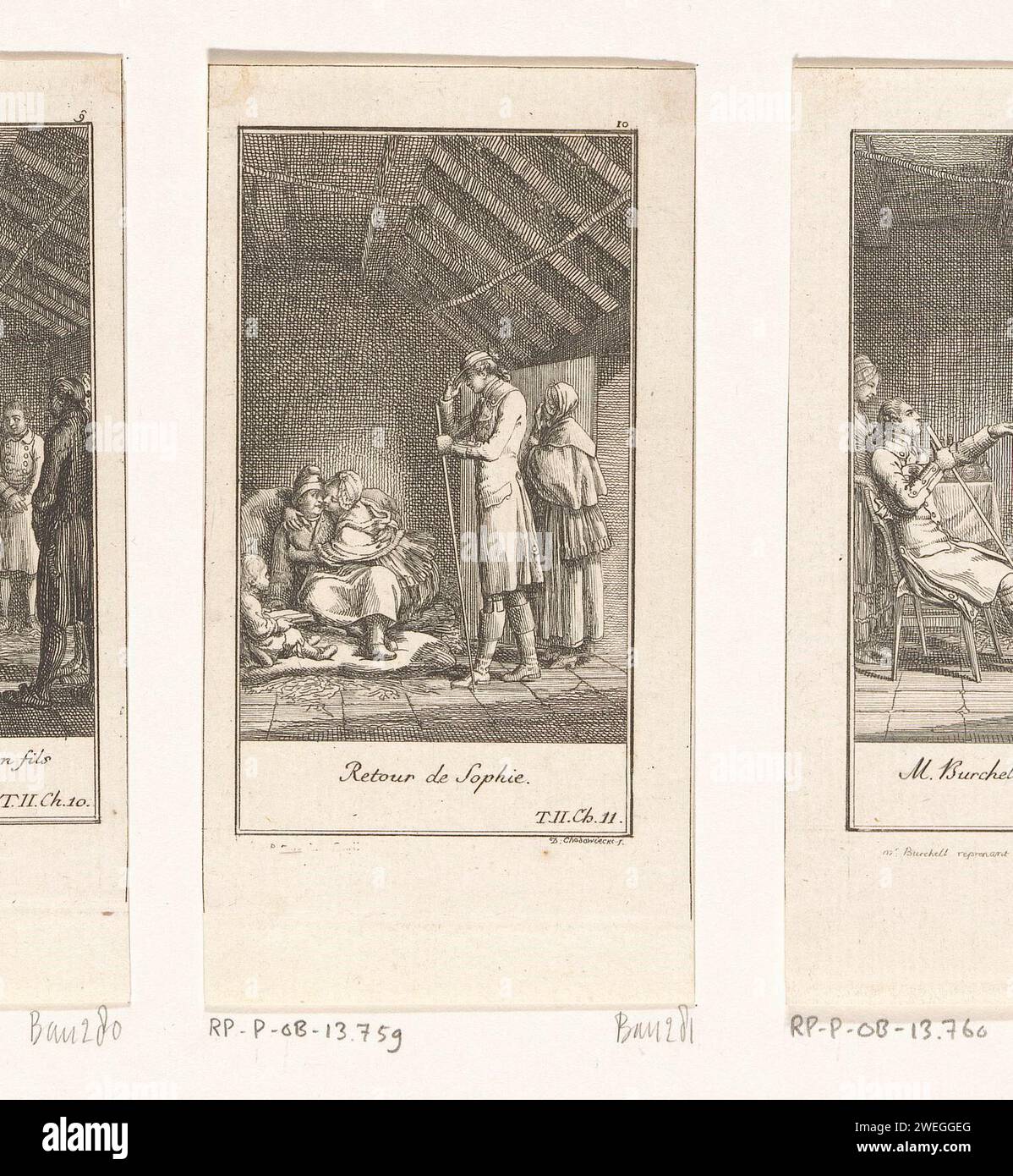 Return from Sophie, Daniel Nikolaus Chodowiecki, 1776 print After being abducted for some time, Sophie is back. She hugs her father on the floor of the cell. Mr. Burchell. Numbered at the top right: 10.  paper etching (GOLDSMITH, The Vicar of Wakefield) specific works of literature (with AUTHOR, title). prison, jail. father and daughter(s) (family group) Stock Photo