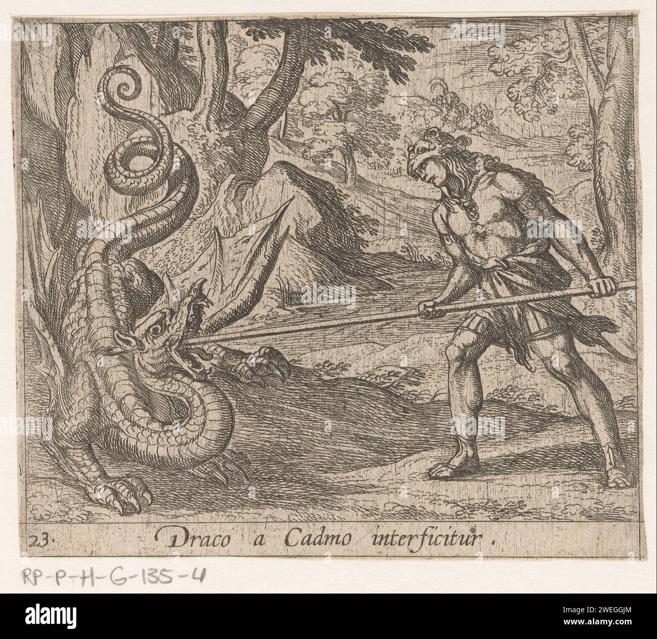 Cadmus kills De Draak, Antonio Tempesta, 1606 - 1638 print Cadmus kills the dragon who attacked his men. Title in Latin in STUDMARGE.  paper etching Cadmus slays the dragon Stock Photo