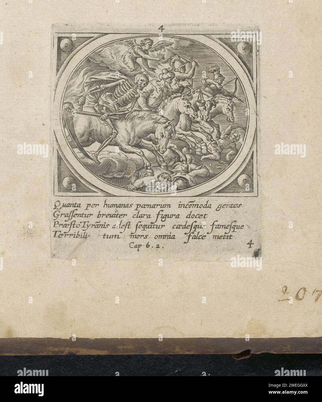 The four Apocalyptic riders, Adriaen Collaert (Attributed to), after Jan Snellinck (I), 1646 print Opening the first four stamps: the four Apocalyptic riders, 'Victorie', 'War', 'Hunger' and 'Death' trample humanity. Above them an angel, with a crown. Under the show a reference in Latin to the Bible text in op. 6. This print is part of an album.  paper engraving the four horsemen of the Apocalypse Stock Photo