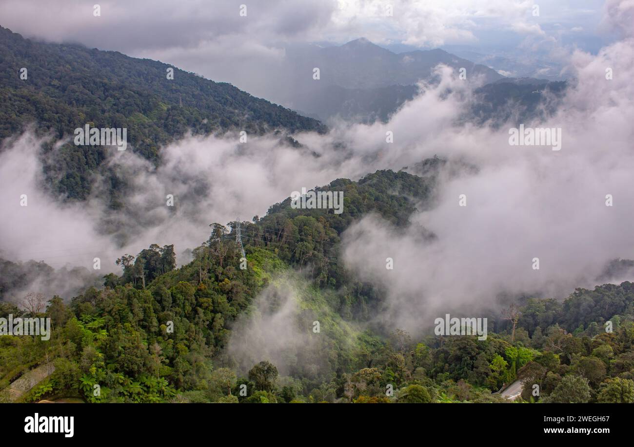 Scenic view of the misty mountains along the Genting Highlands, Malaysia Stock Photo