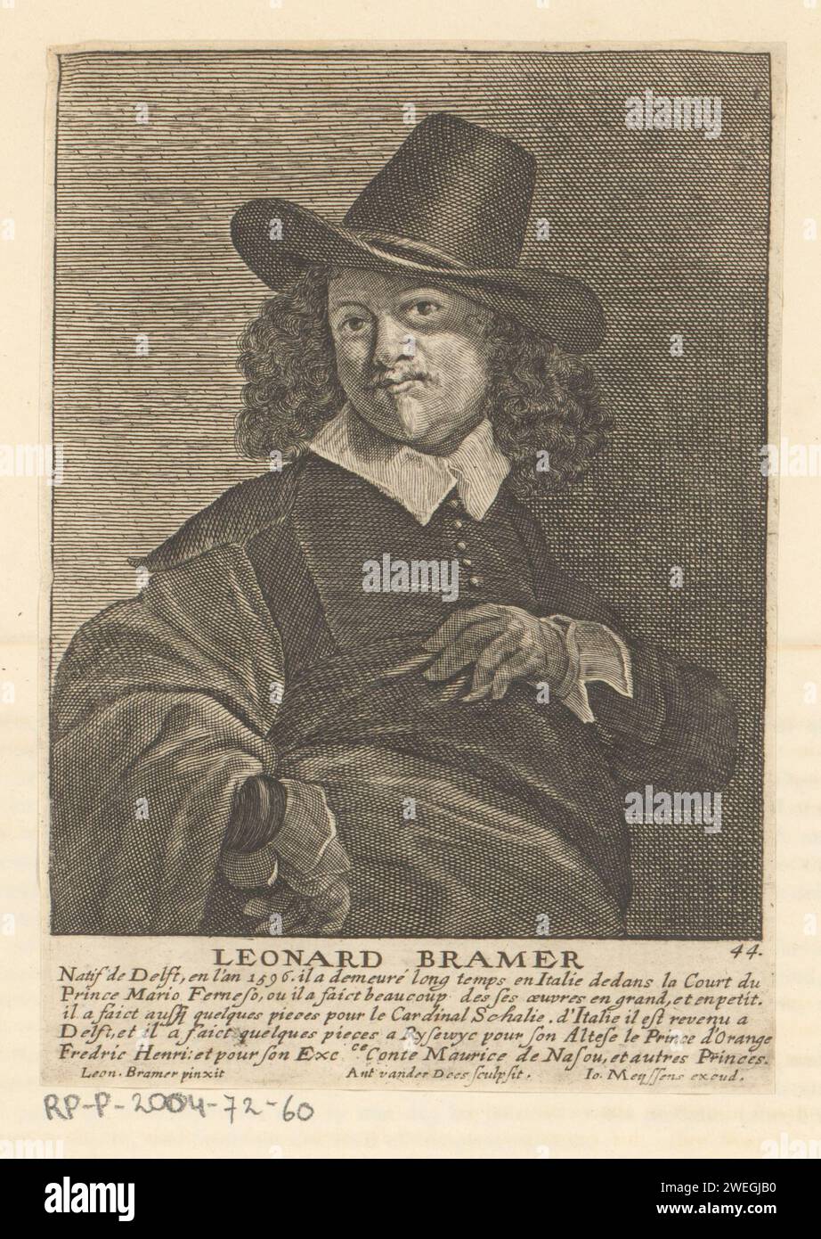 Portret van Leonaert Bramer, 1649 - 1662 print Text in French in the lower margin. Numbered: 44. Print is part of an album.  paper engraving historical persons. portrait, self-portrait of painter Stock Photo