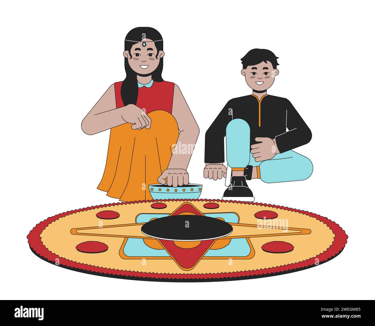 Indians siblings making rangoli 2D linear cartoon characters Stock