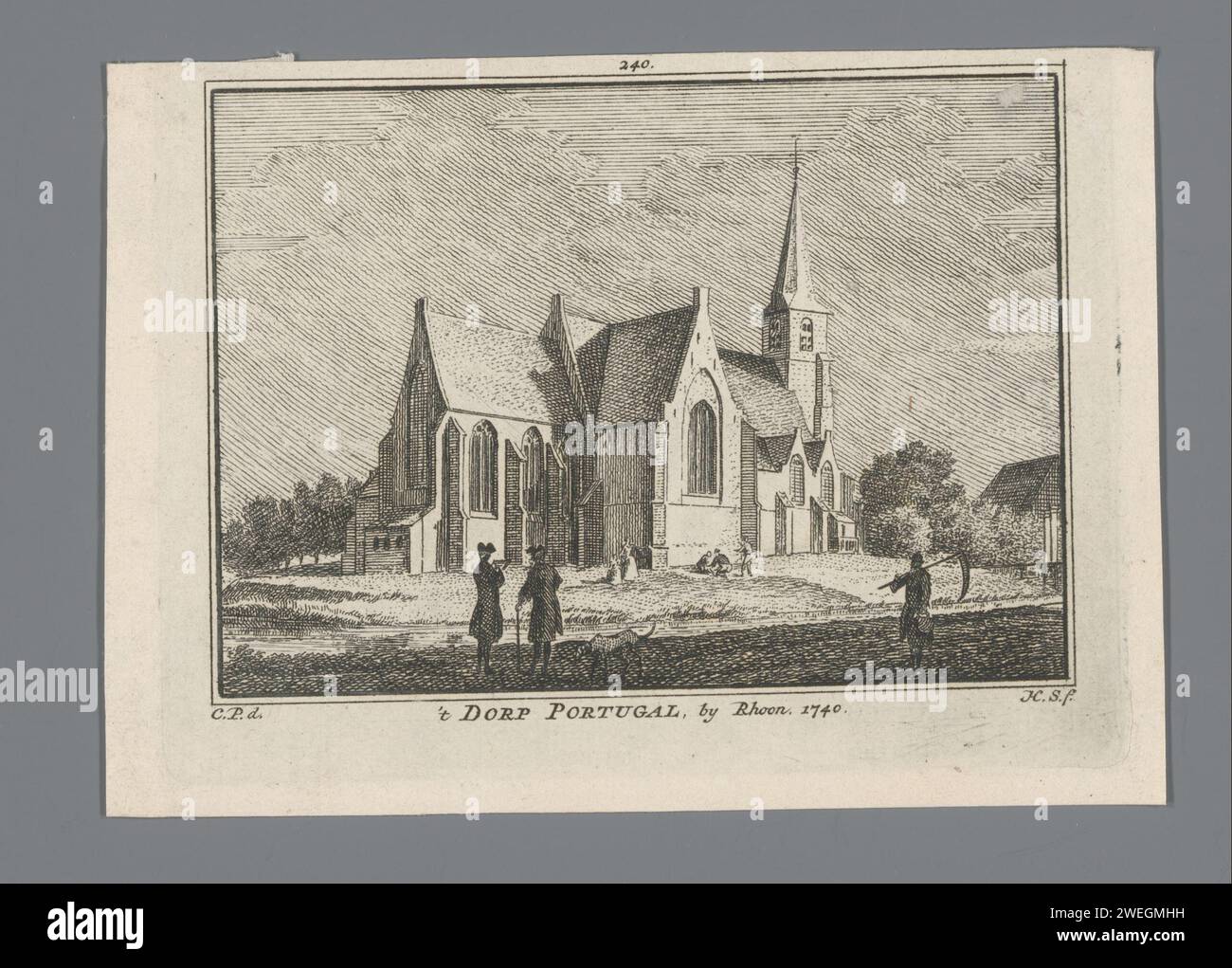 View of the church of Poortugaal, Hendrik Spilman, after Cornelis Pronk, 1750 print   paper etching / engraving farm or solitary house in landscape. church (exterior) Gatebread Stock Photo
