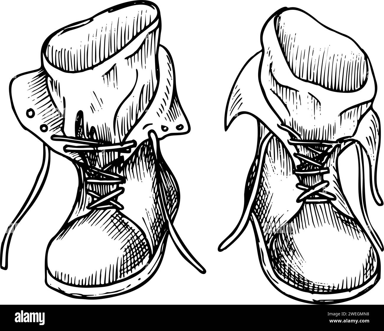 Vintage Boots for hiking vector illustration. Hand drawn linear drawing of retro leather travel shoes for tourism and camping. Sketch of military footwear for journey and exploration. Monochrome art. Stock Vector