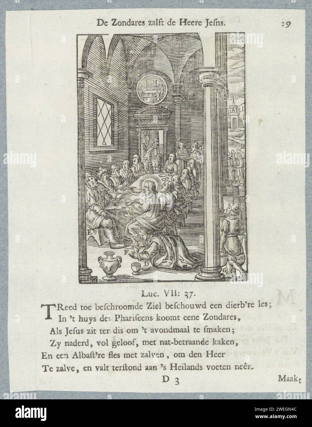 Maria Magdalena Oints the feet of Christ, 1740 print Christ is a guest at Simon de Pharisee and is sitting at the table. Maria Magdalena is kneeling next to Christ. She washes his feet with her tears, dries off with her hair and she oints. In the circle the portrayal of the parable of the two debtors. There are letters with different elements from the performance. A title above the show. Below six verses and a reference to Luke 7: 37. The print is part of an album.  paper letterpress printing Christ's feet are anointed by Mary (Magdalene) Stock Photo