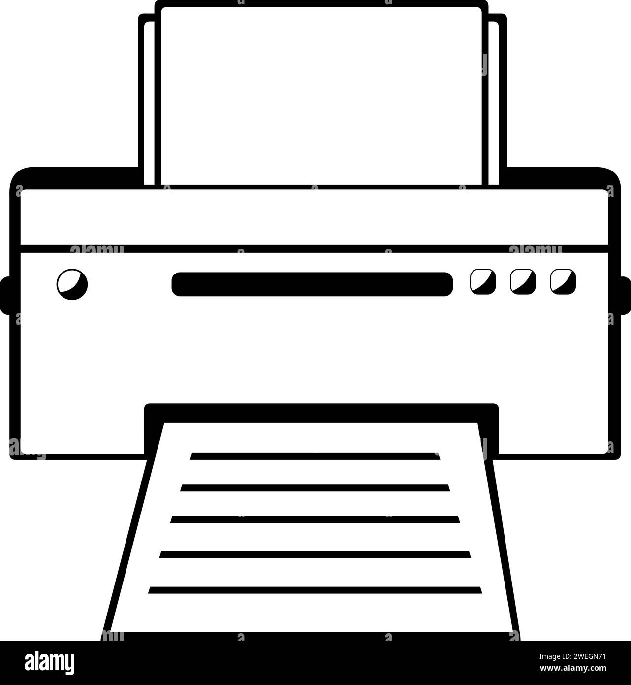 vector drawing illustration printer printing a paper sheet object, drawn in black and white Stock Vector