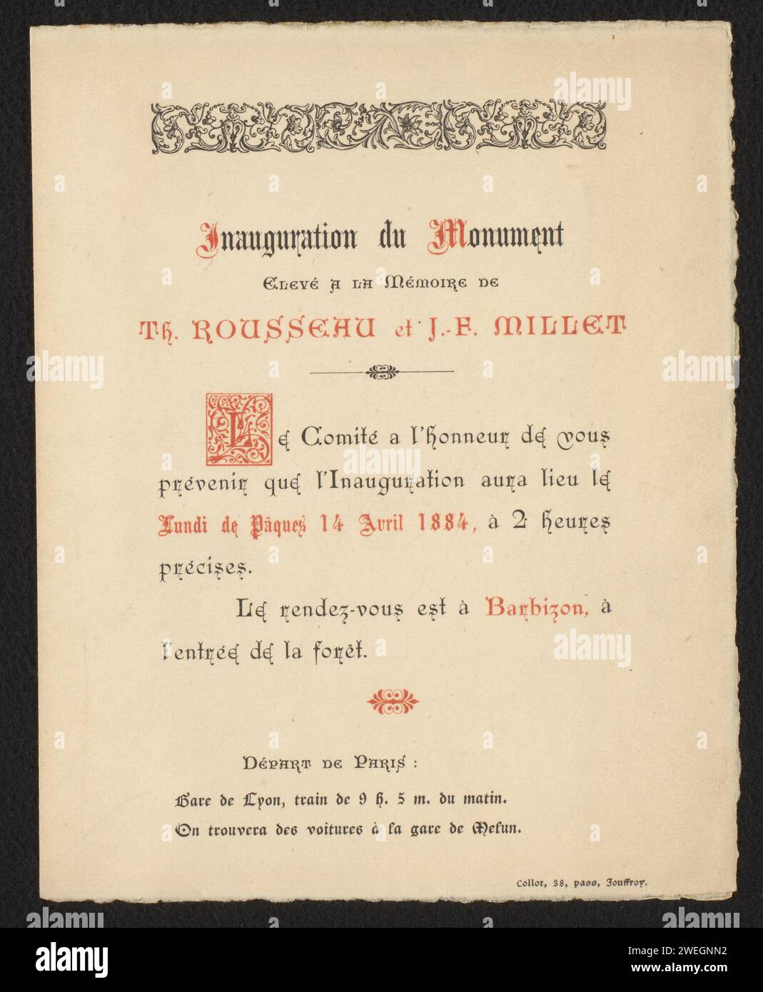 Invitation to the inauguration of the Stele in honor of Théodore Rousseau and Jean-François Millet, Anonymous, Before 1884 text sheet. photomechanical print Initial 'L' and small decorative elements in the text.  paper letterpress printing / printing block printed matter. fancy letters Barbizon Stock Photo