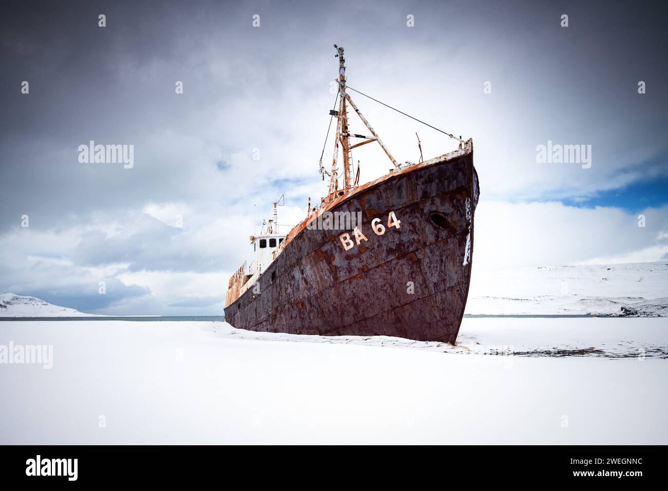 abandoned ship wreck Gardar BA 64, Djupavik, Iceland Stock Photo