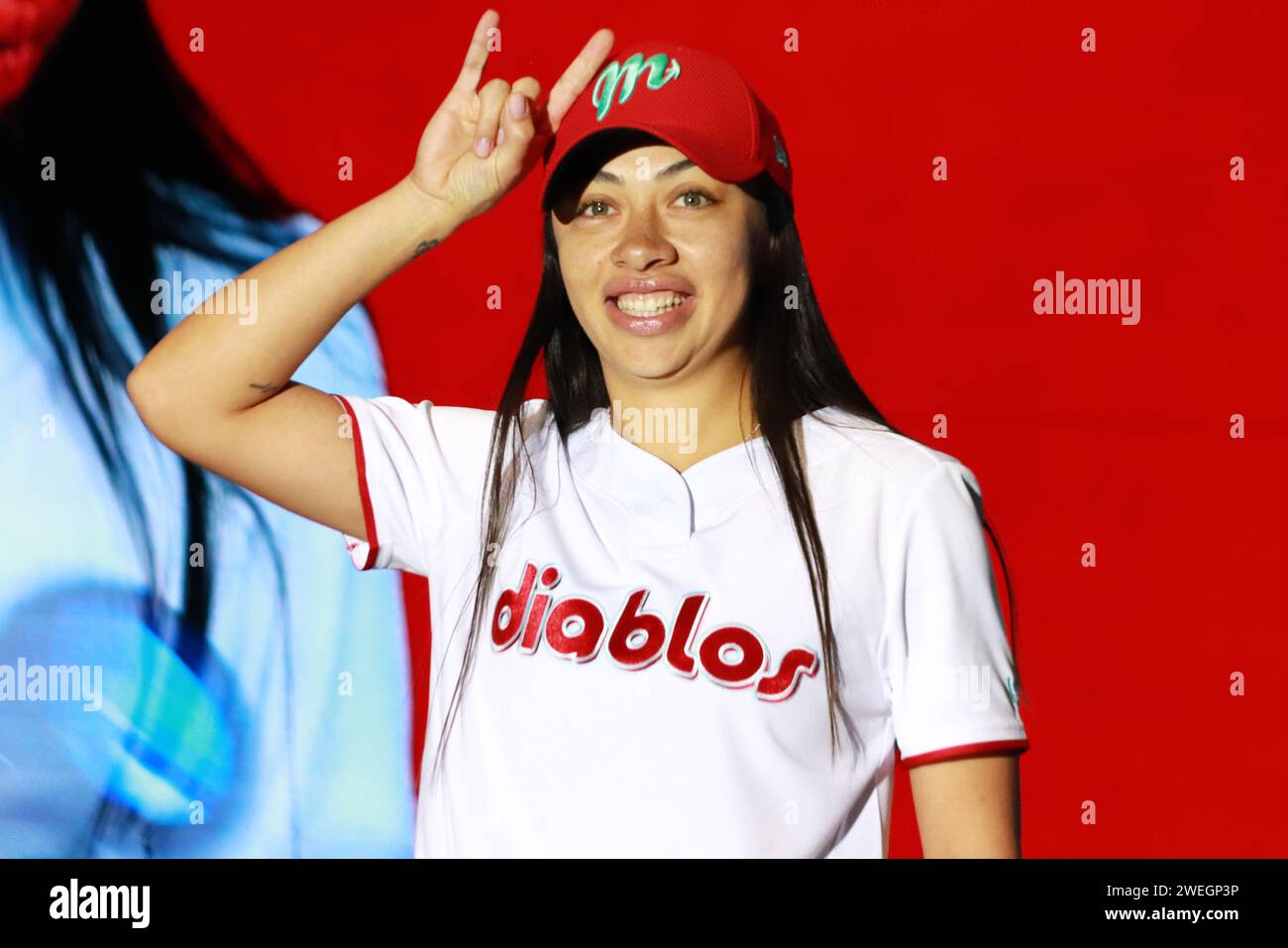 Mexico City, Mexico. 24th Jan, 2024. January 24, 2024 in Mexico City, Mexico: Stefania Aradillas poses during the presentation of the first women's softball team of the Diablos Rojos del Mexico. January 24, 2024. In Mexico City, Mexico. (Photo by Carlos Santiago/ Eyepix Group/Sipa USA) Credit: Sipa USA/Alamy Live News Stock Photo
