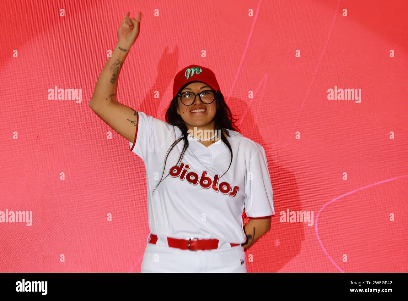 Mexico City, Mexico. 24th Jan, 2024. January 24, 2024 in Mexico City, Mexico: Janete Stivaliz Ambriz poses during the presentation of the first women's softball team of the Diablos Rojos del Mexico. January 24, 2024. In Mexico City, Mexico. (Photo by Carlos Santiago/ Eyepix Group/Sipa USA) Credit: Sipa USA/Alamy Live News Stock Photo