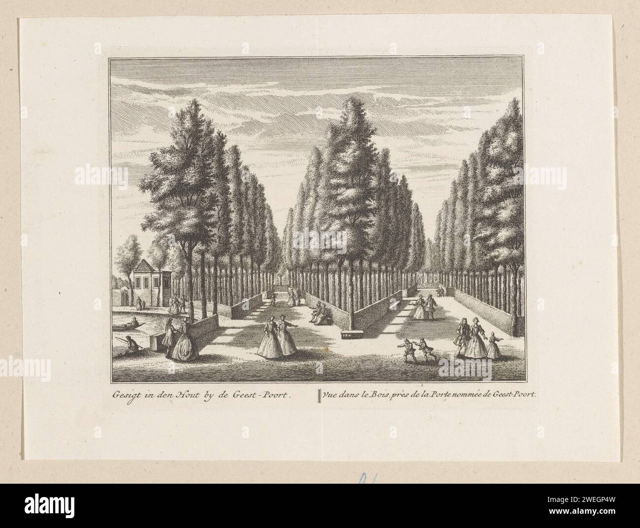 View of Boslanen in the Alkmaarder Hout, Leonard Schenk, After Abraham Rademaker, 1736 - 1746 print View of forests in the Alkmaarder wood near the Geesterpoort. A few figures walk over the avenues.  paper etching forest path or lane (+ landscape with figures, staffage) Alkmaarder wood Stock Photo